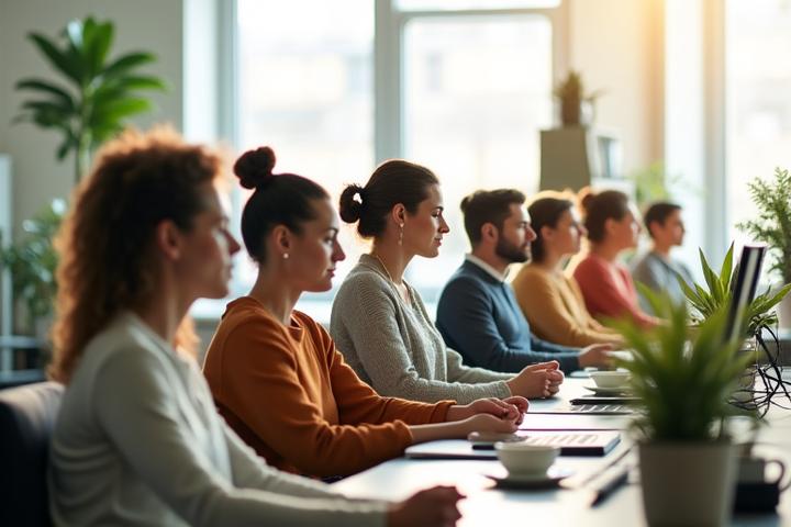 Equipo profesional practicando yoga y meditación en una oficina moderna, con un ambiente de calma y colaboración.