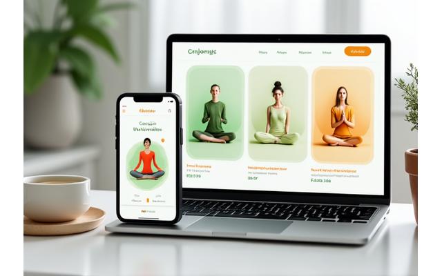 Mockup de una aplicación móvil con sesiones de meditación y mindfulness, mostrando pantallas claras y fáciles de usar.