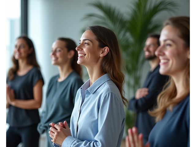 Grupo de profesionales participando en una sesión de bienestar corporativo en un ambiente moderno y luminoso.