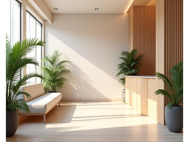 Recepción acogedora del centro Rincón Zen Bienestar, con luz natural y detalles de plantas y madera clara.