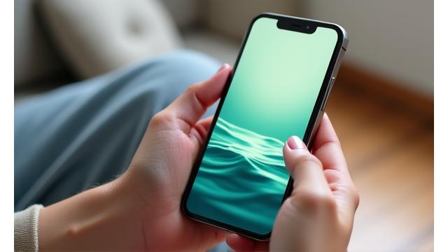 Smartphone mostrando una aplicación de meditación con un fondo relajante.