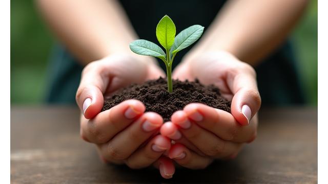 Primer plano de manos sosteniendo una pequeña planta, símbolo de crecimiento y vida.