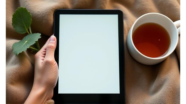 Persona leyendo una newsletter en una tablet, con té y un ambiente acogedor.