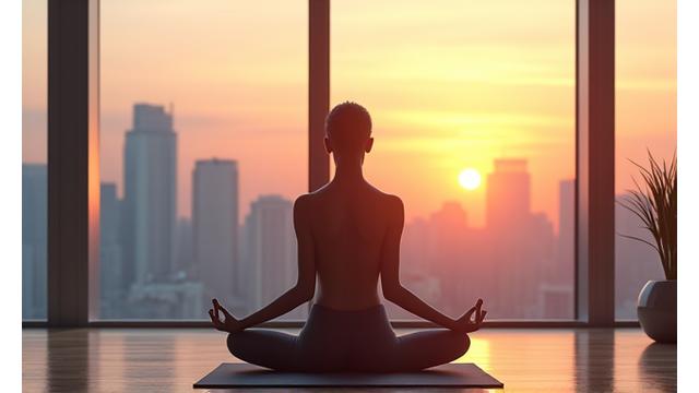 Mujer joven practicando yoga al amanecer, con el fondo suave de una ciudad en calma.