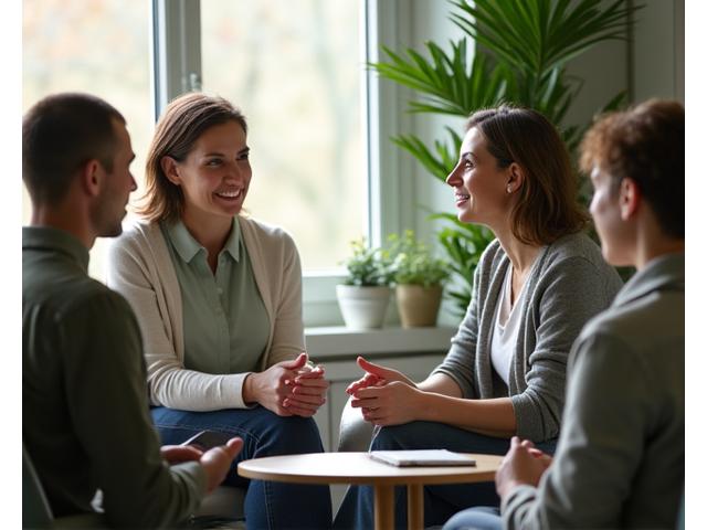 Coach y cliente conversando en un espacio moderno, con un ambiente de apoyo.
