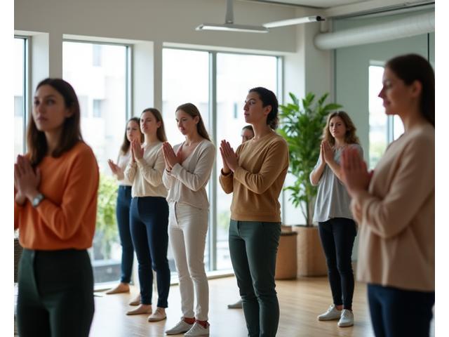 Profesionales en una oficina participando en una sesión de bienestar corporativo.