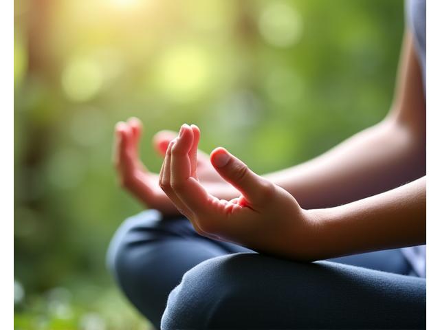 Persona meditando en un entorno tranquilo y natural, con luz suave.