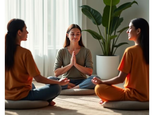 Grupo de personas participando en un taller de mindfulness, sonriendo y atentos.