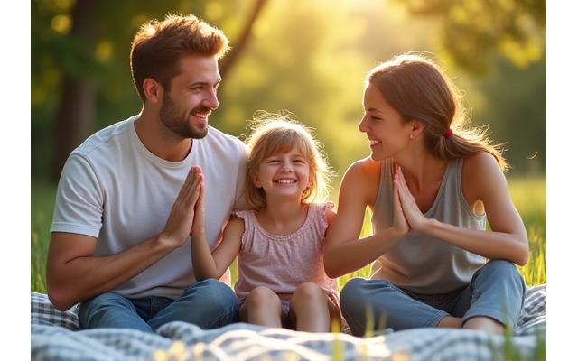 Familia sonriente practicando yoga o meditación juntos en un parque, ambiente armonioso.
