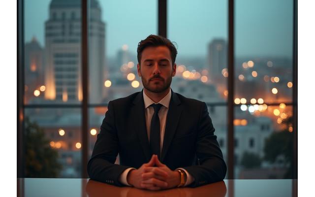 Ejecutivo relajado meditando en su oficina, gestionando el estrés laboral de forma efectiva.