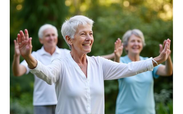 Grupo de personas mayores practicando yoga suave en un jardín, con alegría.