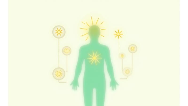 Infografía esquemática mostrando mejoras en el cerebro y cuerpo gracias a la meditación