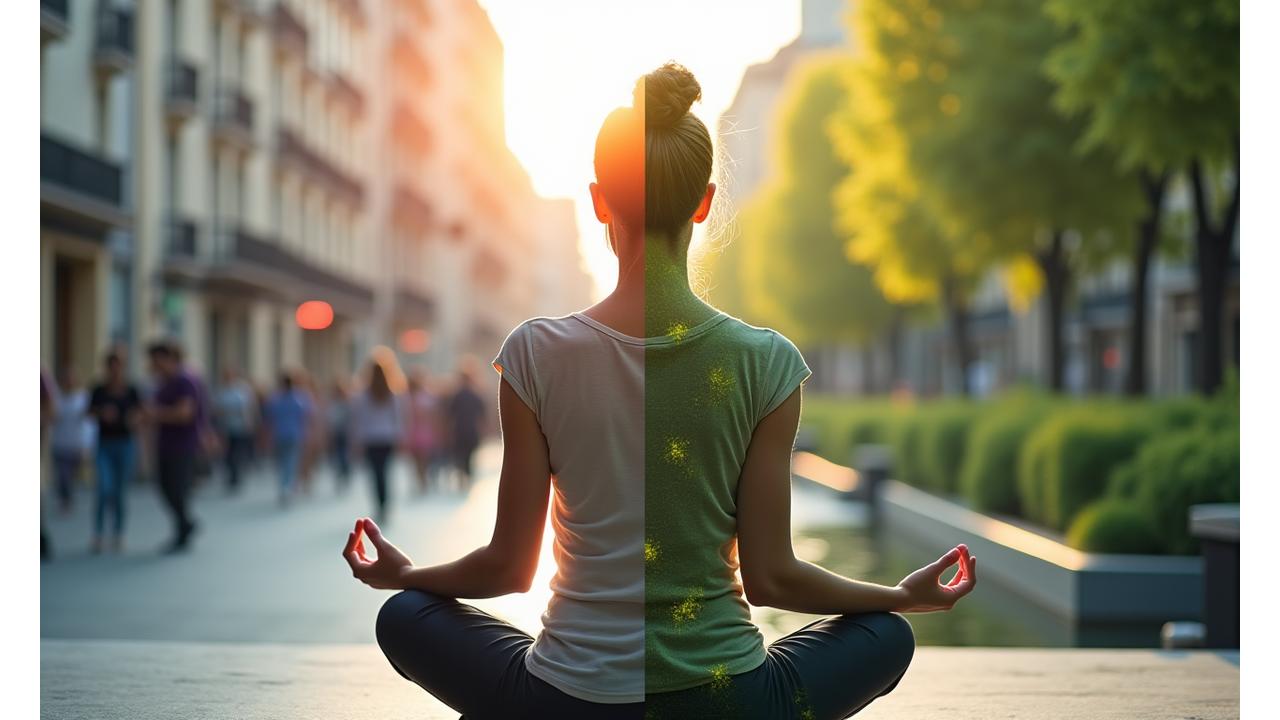 Mujer en una posición de meditación tranquila, con una mitad del fondo representando el ajetreo urbano de Madrid (con un desenfoque sutil) y la otra mitad un espacio sereno y natural. Contraste entre el caos exterior y la calma interior.