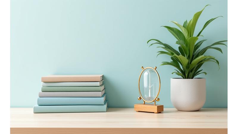 Libros escolares apilados junto a una planta pequeña y un reloj de arena, simbolizando equilibrio y calma en el estudio.