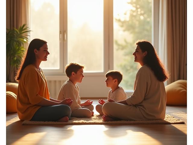Familia de cuatro personas sentadas en el suelo en una sala de estar, practicando meditación con los ojos cerrados, rodeados de suave luz natural, transmitiendo unidad y paz.