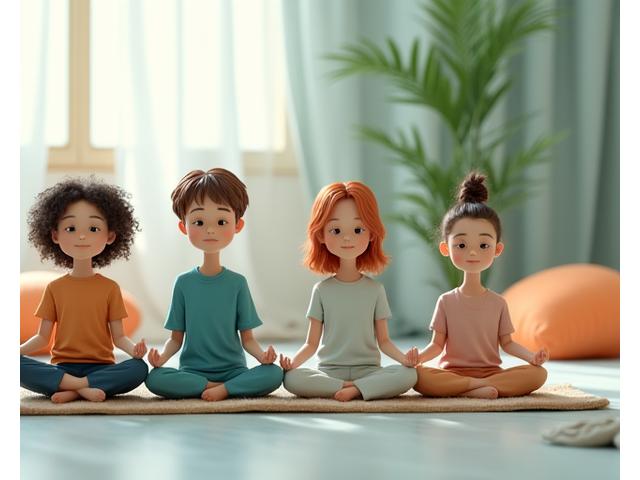 Niños y adolescentes meditando en una postura serena con concentración, en un espacio moderno y acogedor.