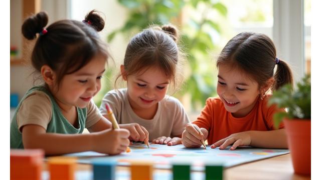 Niños pequeños dibujando juntos con alegría, en un entorno de aprendizaje lúdico.