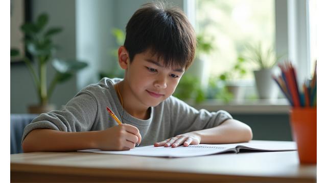 Pre-adolescente concentrado escribiendo en un cuaderno con una sonrisa, rodeado de luz natural brillante.