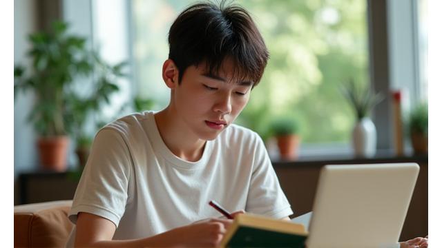 Mujer joven concentrada leyendo un libro en un café moderno, transmitiendo enfoque y serenidad, con luz suave.