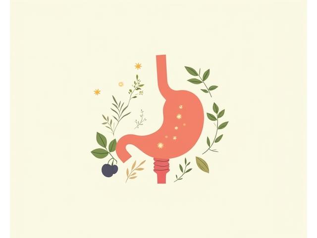 Infografía simplificada del sistema digestivo humano con elementos botánicos ilustrando el intestino sano y la microbiota.