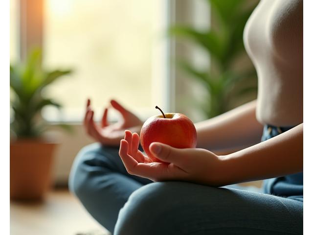 Persona meditando pacíficamente con una fruta en la mano, simbolizando la toma de decisiones conscientes y la tranquilidad en la relación con la comida.