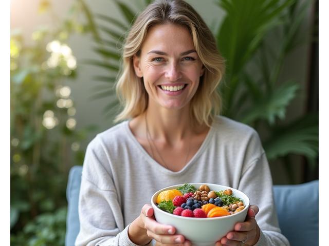 Mujer sonriendo pacíficamente mientras disfruta de un cuenco de alimentos coloridos y saludables al aire libre, con una luz suave y natural.