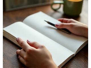 Persona escribiendo en un diario, con lápiz en mano y un cuaderno abierto, reflejando introspección y auto-análisis.