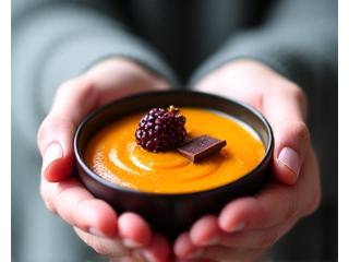 Manos sosteniendo un pequeño cuenco de sopa o un snack saludable, con enfoque en la textura y el acto de comer atentamente.