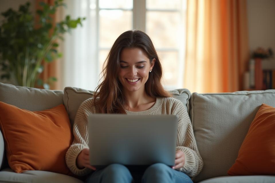 Persona sonriendo y cómodamente conectada a una videollamada de terapia desde casa.
