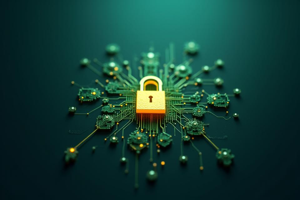 Iconos de seguridad digital y candados entrelazados, representando la protección de datos.