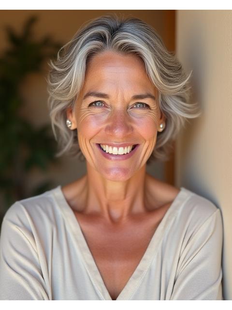 Retrato de Carmen Díaz, instructora de yoga sonriendo, proyectando calidez.