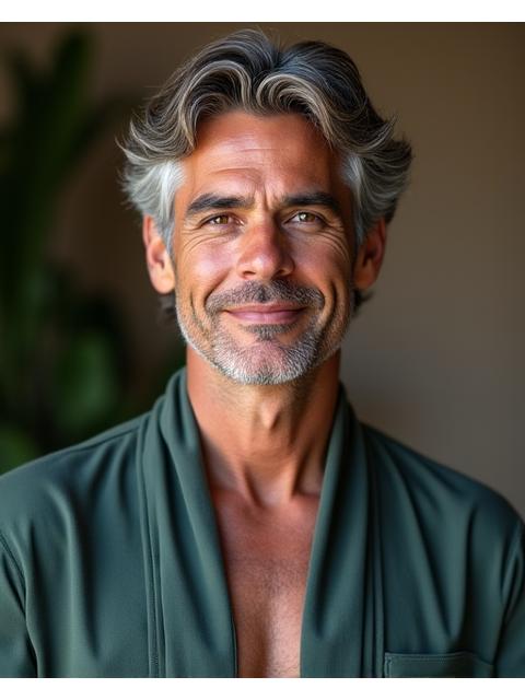 Retrato de Javier Nieto, instructor de yoga, con una expresión serena y enfocada.