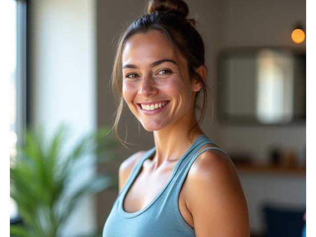 Sofía sonriendo, mostrando su mejora en postura y bienestar después de practicar yoga.