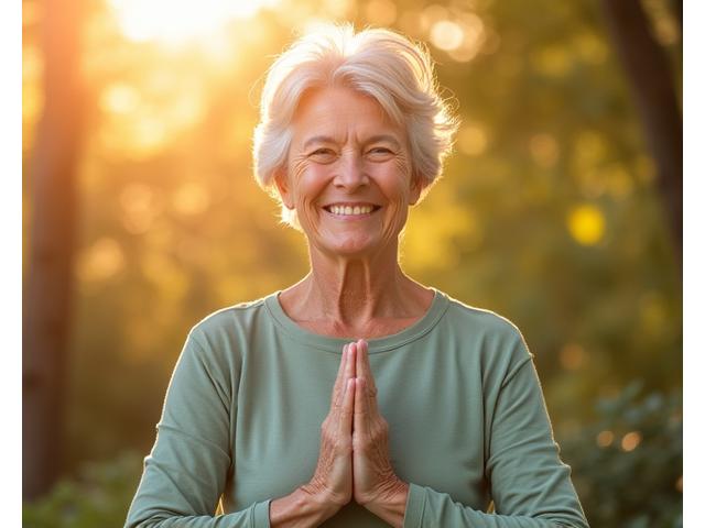 Mujer mayor sonriendo con vitalidad, realizando una postura de yoga suave que simboliza equilibrio y bienestar.