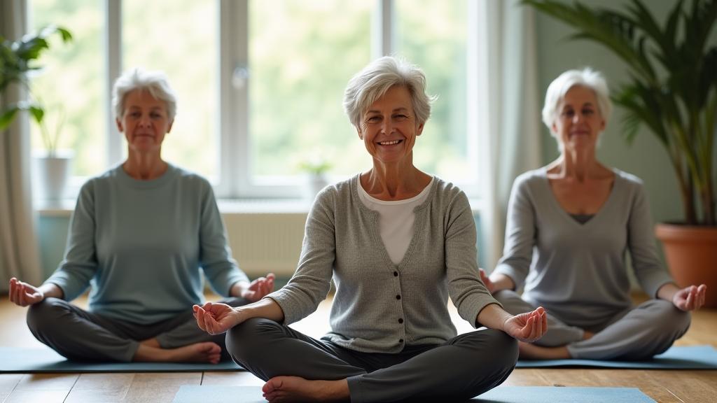 Mujeres de la tercera edad realizando ejercicios de respiración en círculo, con miradas de complicidad y bienestar.
