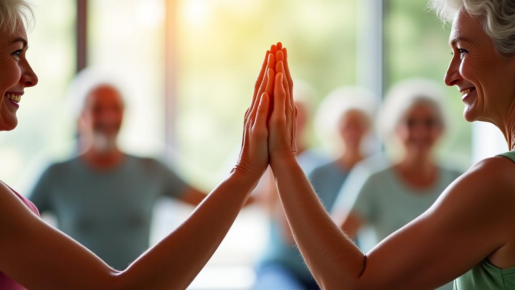 Grupo pequeño de seniors celebrando un logro en su práctica de yoga, chocando las manos con alegría.