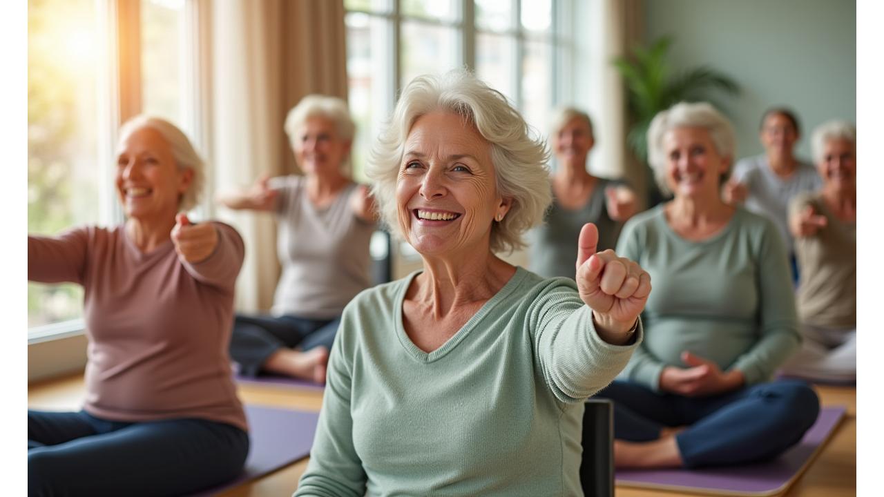 Grupo de personas mayores sonriendo y practicando yoga suave en un entorno luminoso y acogedor, con posturas adaptadas a sus capacidades.