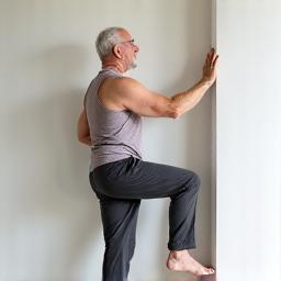 Persona mayor practicando yoga de pie, usando una pared o silla como apoyo para mantener el equilibrio y la estabilidad.