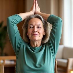 Persona mayor practicando yoga en silla, demostrando una postura de estiramiento suave para el torso y los brazos.
